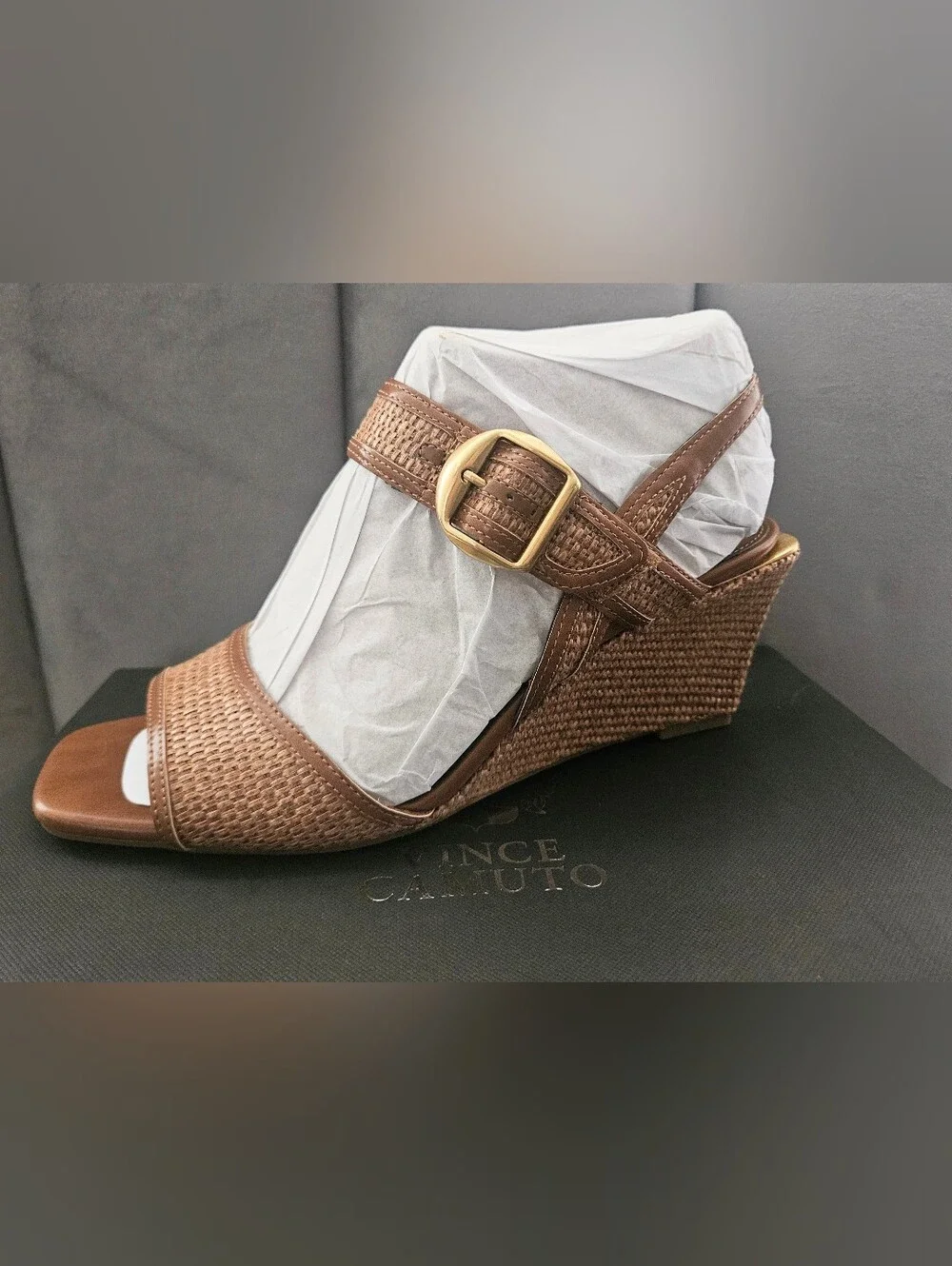 Vince Camuto Helcey Tan Leather/Raffia Slingback Wedge Heel Sandals